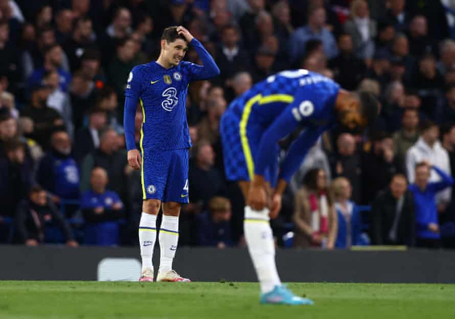 Chelsea v Arsenal: Premier League – live! | Premier League 8 Chelsea’s Andreas Christensen reacts after his mistake assisted Arsenal’s Eddie Nketiah in opening the scoring.