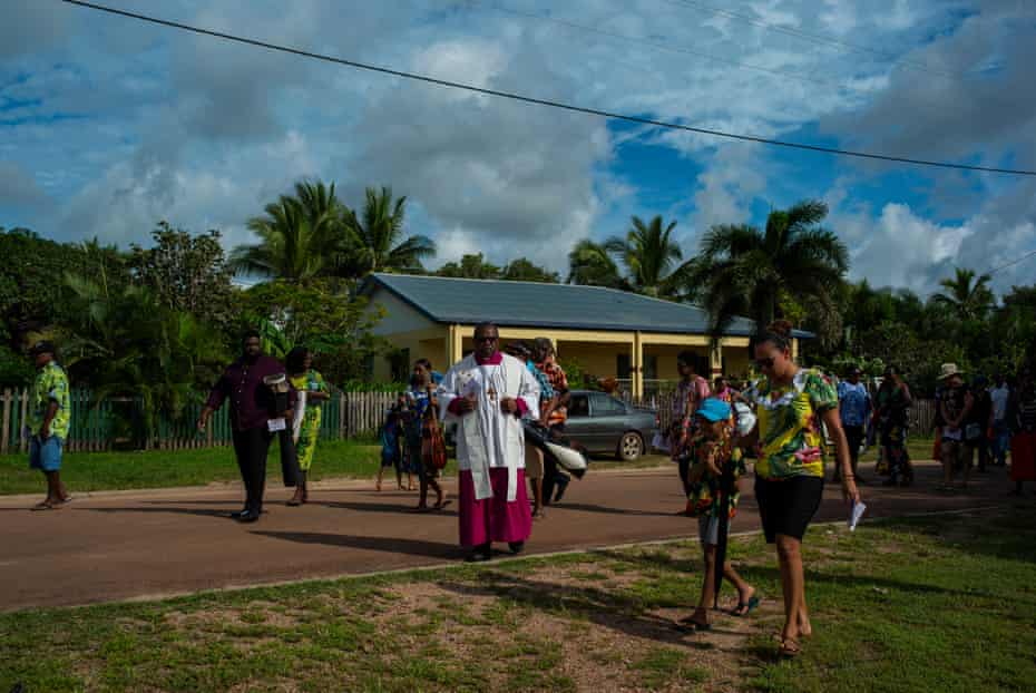 A Tombstone Revealing ceremony on Badu Island in the Torres Strait. Tombstone Reveal ceremonies are important cutural practices for Torres Strait communities and are the final celebration for the life of a deceased community member.