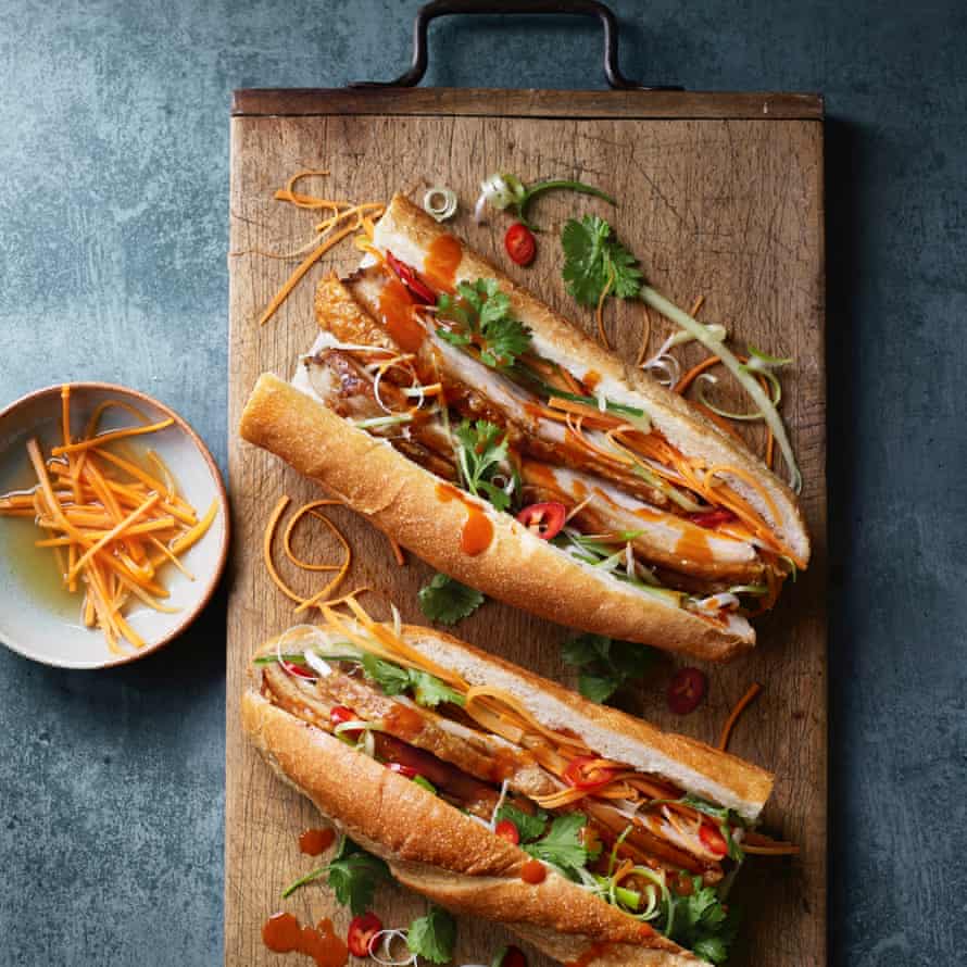 Vietnamese banh mi with five spice crispy pork belly by Uyen Luu.