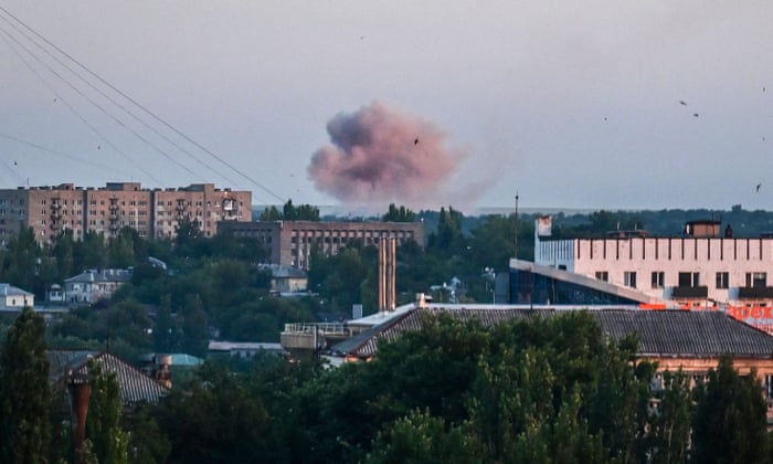 Smoke rises from ongoing Russian shelling in Donetsk.