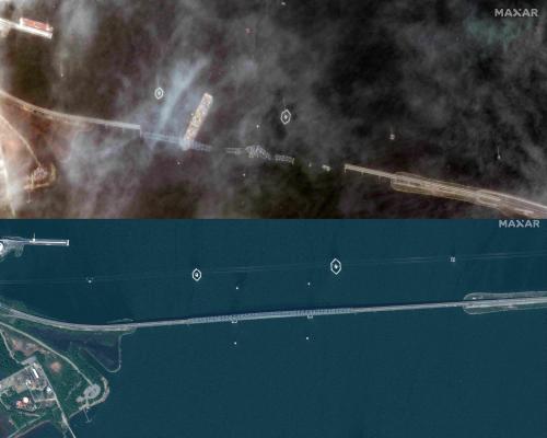 side by side satellite images of an intact metal bridge and a destroyed metal bridge over a body of water 