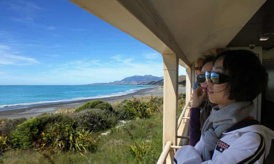 Tourists looking out from a viewing carriage on the Coastal Pacific