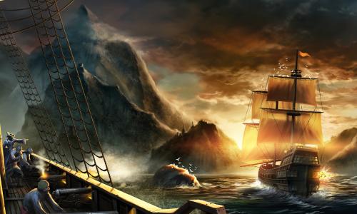 Seafall artwork showing ships in a rocky seascape