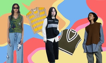 A colourful collage of musician Billie Eilish and two models wearing knitted tank tops