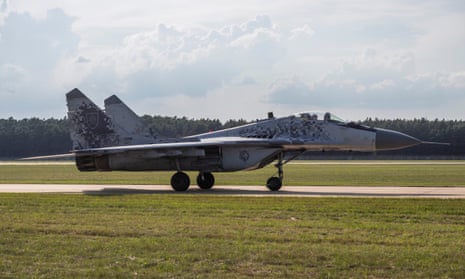 A MiG-29 fighter jet at the Malacky-Kuchyna airbase in Kuchyna, Slovakia.