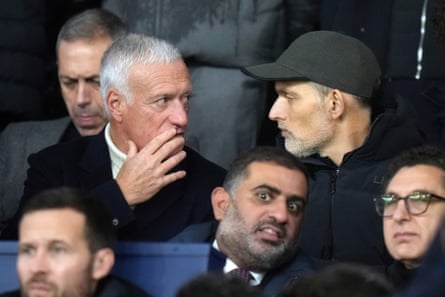 Thomas Tuchel talks to Didier Deschamps.