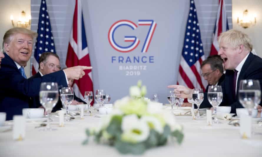 Donald Trump and Boris Johnson attend a working breakfast at the Hotel du Palais on the sidelines of the G7 summit in Biarritz, France, in August 2019