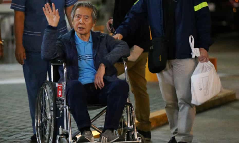 Peru’s former president Alberto Fujimori being wheeled out of a Lima hospital on 4 January where he received a Christmas Eve pardon from former president Pedro Pablo Kuczynski.