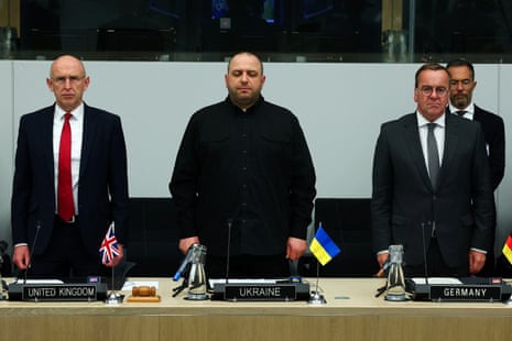 British Defence Secretary John Healey, Ukrainian Defence Minister Rustem Umerov and German Defence Minister Boris Pistorius attend a meeting of the Ukraine Defense Contact Group, as a part of a Nato Defence Ministers’ meeting at the Alliance’s headquarters in Brussels, Belgium.