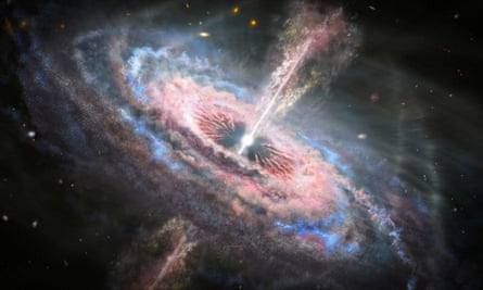 このアーティストのコンセプトは、明るいクエーサーを持つ銀河を示しています。これは、中心に太陽の質量の数百万倍から数十億倍の質量を持つ、超明るく遠くにある活動的なブラック ホールです。