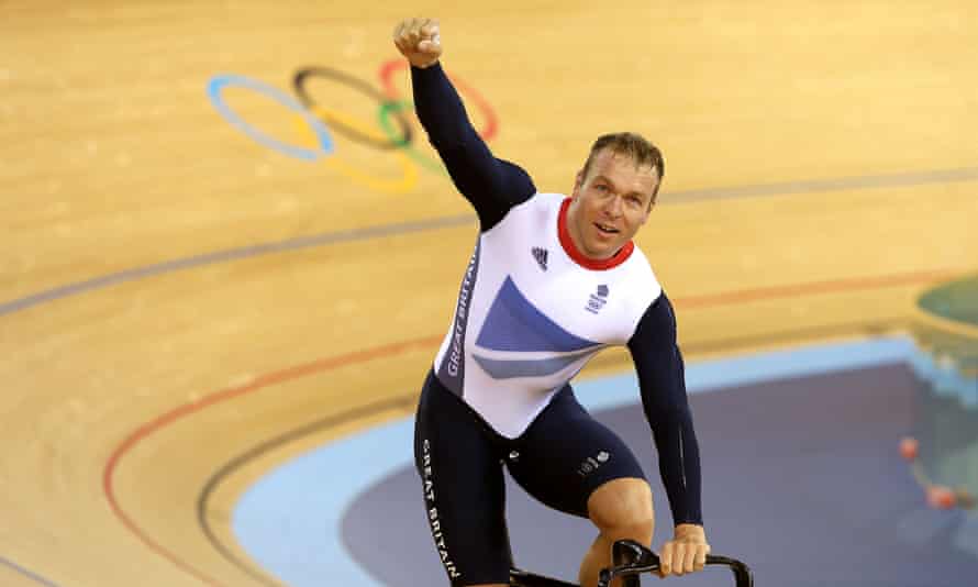 Chris Hoy celebrates winning Gold in the Mens Team Sprint Final on the first day of the track cycling at the Velodrome in the Olympic Park, London.