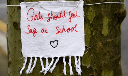 A stitched message tied to a tree outside Highgate School in north London, where pupils staged a walkout in March following alleged abuse and harassment at the school.