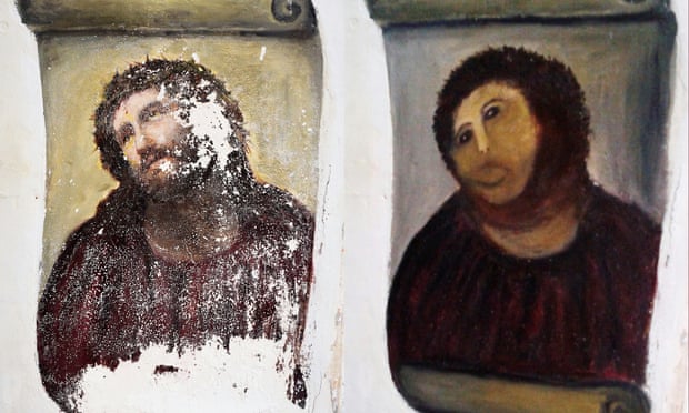 The 20th-century Ecce Homo-style fresco of Christ, in Borja, Spain before and after an amateur restoration.