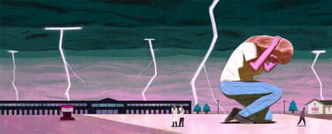 woman hides from lightning strikes in illustration