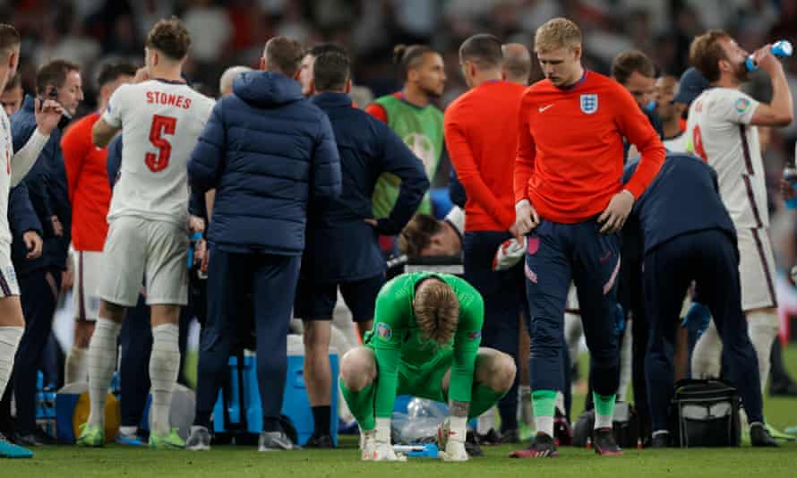 England keeper Jordan Pickford collects his thoughts ahead of the penalty shoot-out..