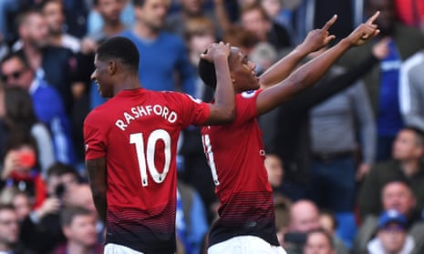 Anthony Martial and Marcus Rashford celebrate the French striker’s first goal against Chelsea.