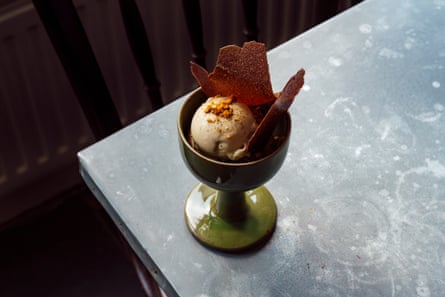 ‘Genuinely delicious’: the chocolate cremeux blood orange and roasted tea ice-cream, at Cálong, Stoke Newington, London.