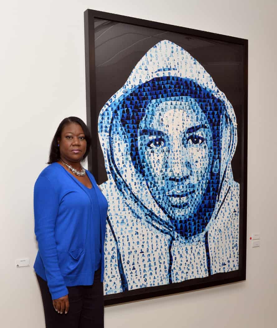 Fulton with a collage of her son Trayvon Martin.