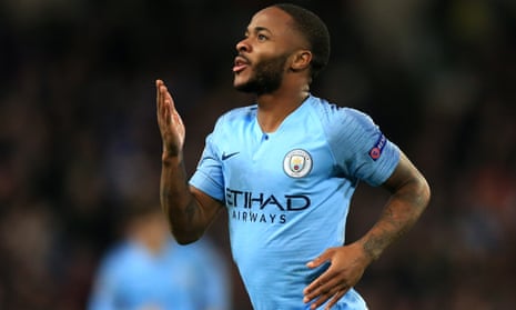 Raheem Sterling of Manchester City celebrates after scoring. But the club is under fire off the pitch.