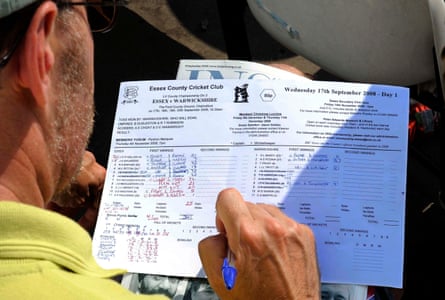 A spectator checks his scorecard at an Essex v Warwickshire match in 2008.