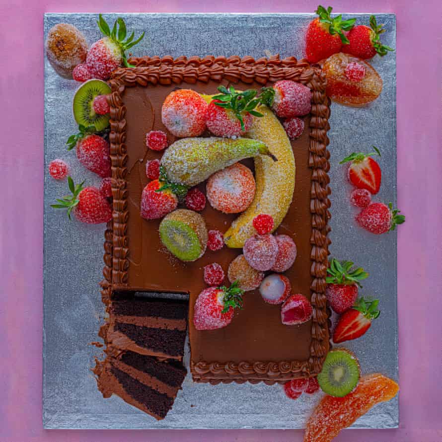 Hot cross bun cookies, chocolate toasties and cake: Claire Ptak’s Easter baking recipes | Baking 1 Double chocolate sheet cake with sugared fruits.