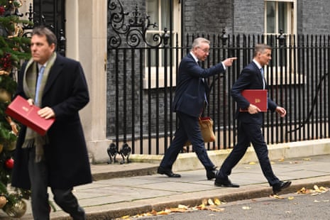 Left to right: John Glen, chief secretary to the Treasury, Michael Gove, the levelling up secretary, and Mark Harper, the transport secretary, leaving No 10 after the end of cabinet this morning.