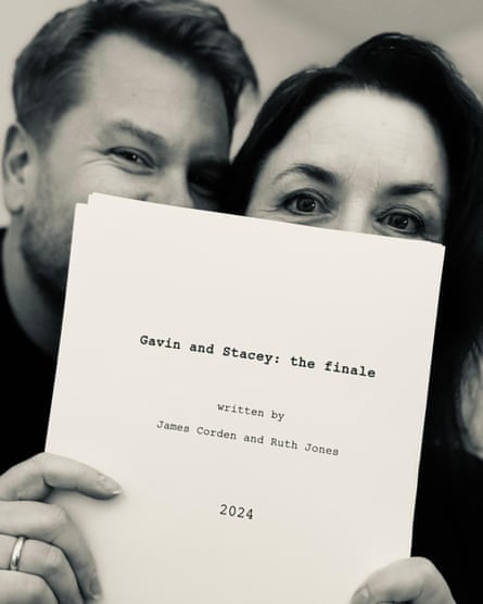 James Corden and Ruth Jones holding a script for ‘Gavin and Stacey: the finale’.