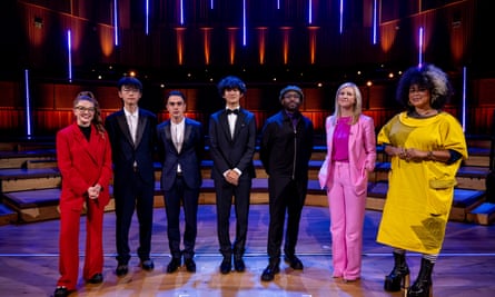 From left … presenter Jess Gillam, finalists Jacky Zhang and Shlomi Shahaf, winner Ryan Wang and judges Alexis Ffrench, Alison Balsom and Hannah Catherine Jones.