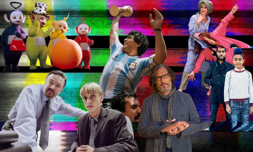Illustration by Guardian Design showing Teletubbies, The Office, Diego Maradona, David Olusoga, Absolutely Fabulous and The Boy With the Top Knot.