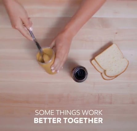 Screenshot from an advertisement showing a person making a peanut butter and jam sandwich alongside the tagline ‘Some things work better together’