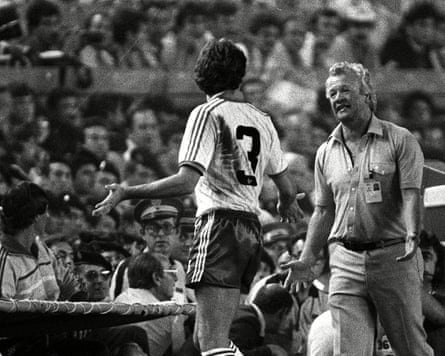 Northern Ireland’s manager, Billy Bingham, shows his frustration after Mal Donaghy is sent off.