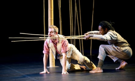 Virgile Frannais and William Nadylam in Peter Brook’s production of A Magic Flute at the Barbican.