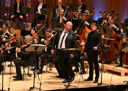Nicky Spence, centre, gets into the part of Števa, with Aleš Briscein. right, as Laca, in the LSO’s concert performance of Jenůfa.