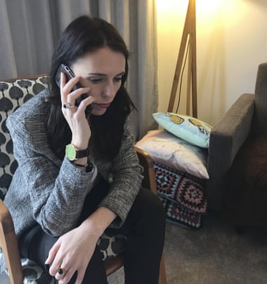 Jacinda Ardern takes a call from US President Donald Trump, in Wellington.