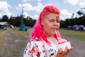 Shallan Shuttleworth slurps a slushy at the grand final of the 2022 Mulletfest series held in the Hunter Valley of NSW.