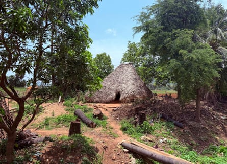 A traditional house in Tarluvada, flanked by green trees, with a dusty path leading up to it.