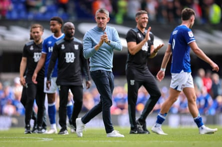 McKenna applauds the fans following the match against Southampton at Portman Road