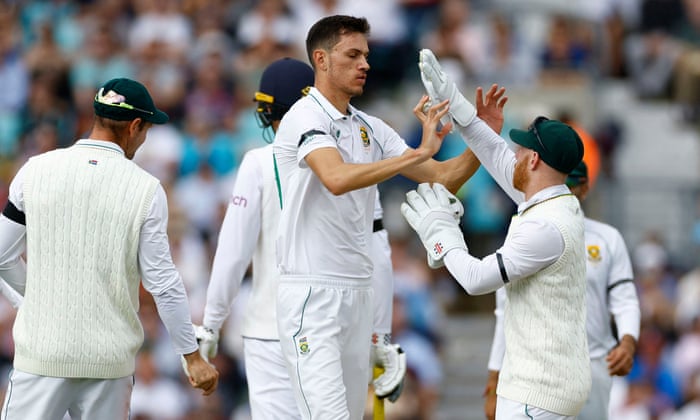 South Africa’s Marco Jansen celebrates after taking the wicket of England’s Zak Crawley.