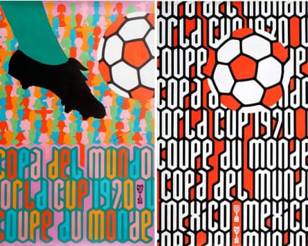 Two World Cup 1970 posters, brightly coloured and graphical and with 'world cup' in several languages