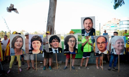14 July 2018: Pictures of the Catalan leaders Carme Forcadel, Anna Gabriel, Carles Puigdemont, Marta Rovira, Oriol Junqueras, Jordi Turull and Clara Ponsati are held up by pro-independence protesters in Barcelona.