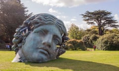 large bronze head that looks like an ancient statue lying on the grass, partly submerged