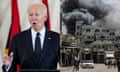A side-by-side image of Joe Biden and smoke rising above Gaza