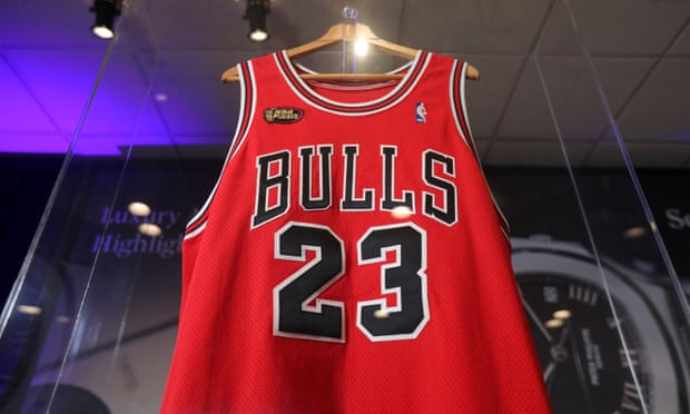 There were 20 bids for Michael Jordan’s jersey, seen here before being auctioned