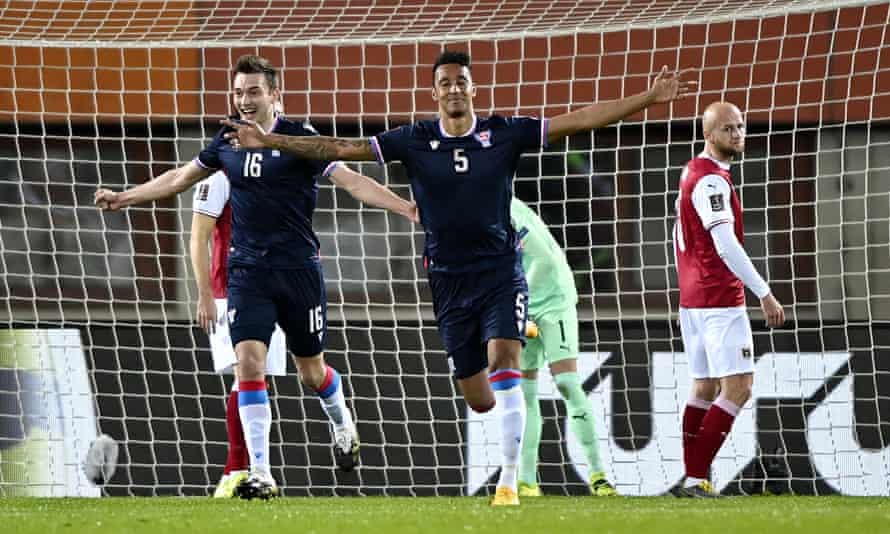 Faroe Islands take a shock lead after Sonni Nattestad (C) scored the opening goal.