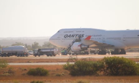 The Qantas 747 in Exmouth, Western Australia with 270 passengers who have been evacuated from Wuhan, China due to the outbreak of the Coronavirus.