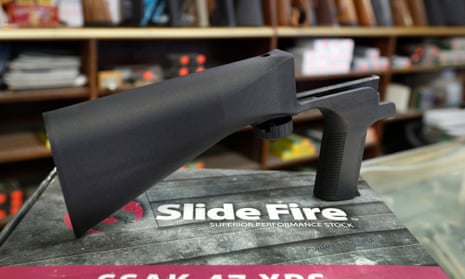 A bump stock device, made by Slide Fire, that fits on a semi-automatic rifle to increase the firing speed.