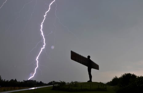 Lightning over the Angel of the North after a heavy storm.