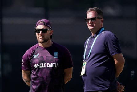 England head coach, Brendon McCullum, and the managing director of the England cricket team, Rob Key, at a nets session