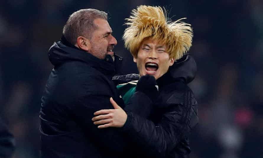 Celtic’s manager Ange Postecoglou with Kyogo Furuhashi after club’s Scottish League Cup final win over Hibs in December.