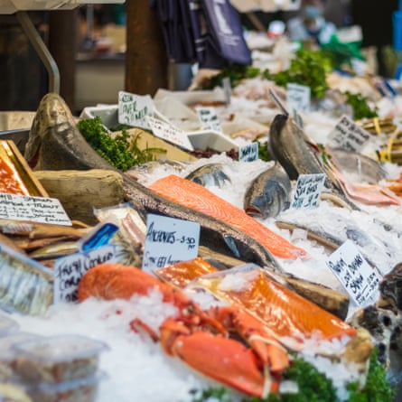 Fish displayed on ice in Borough Market in London, England.